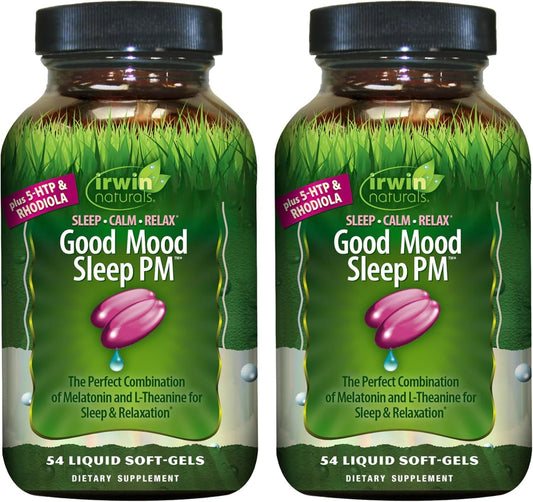 Irwin Naturals Melatonin Plus 5-HTP & Rhodiola bottle for calm evenings.