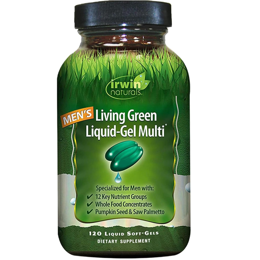 Irwin Naturals Men's Living Green bottle-front, convenient daily multivitamin for busy men.