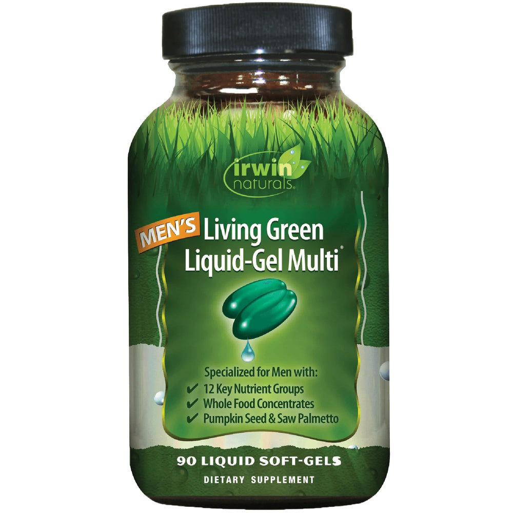 Irwin Naturals Men’s Living Green Liquid-Gel Multi bottle supports daily energy and wellness.
