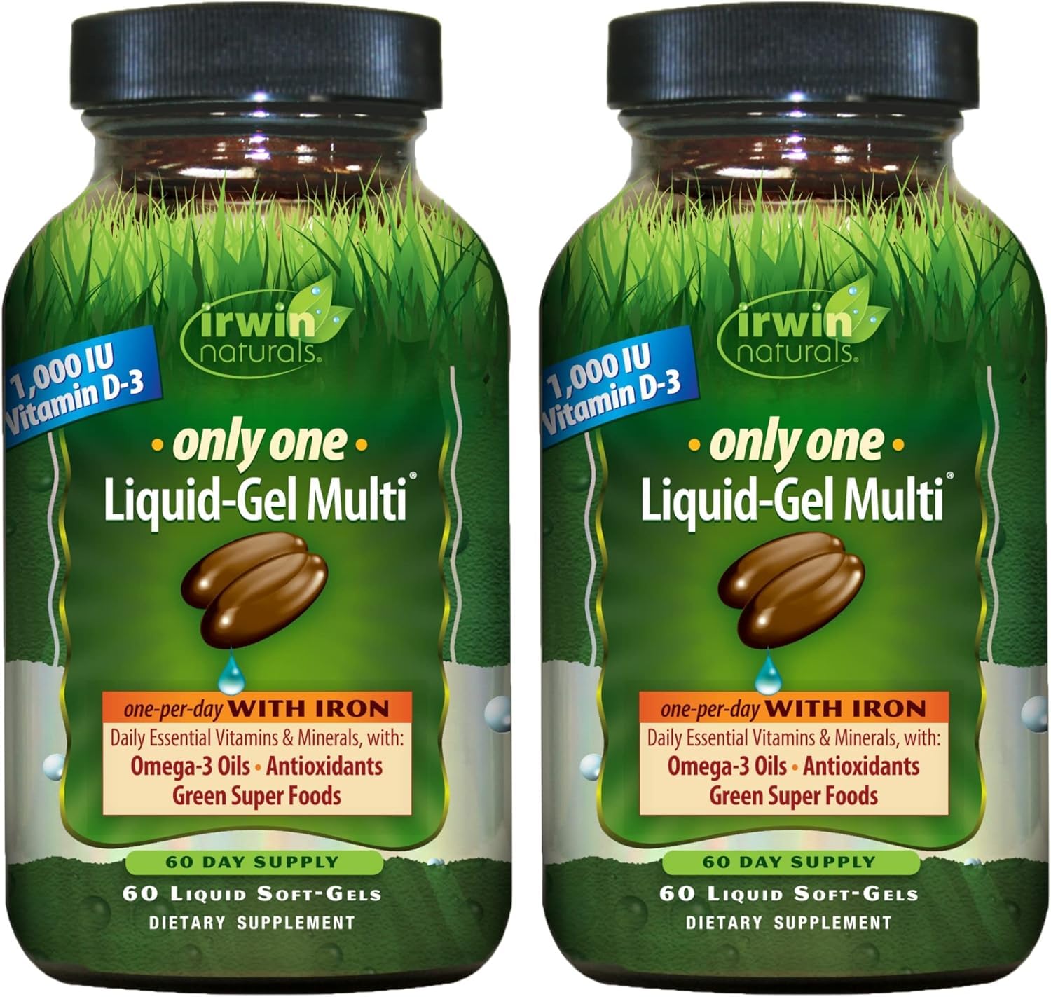 Irwin Naturals Only One bottle pour shows convenient daily multivitamin with iron