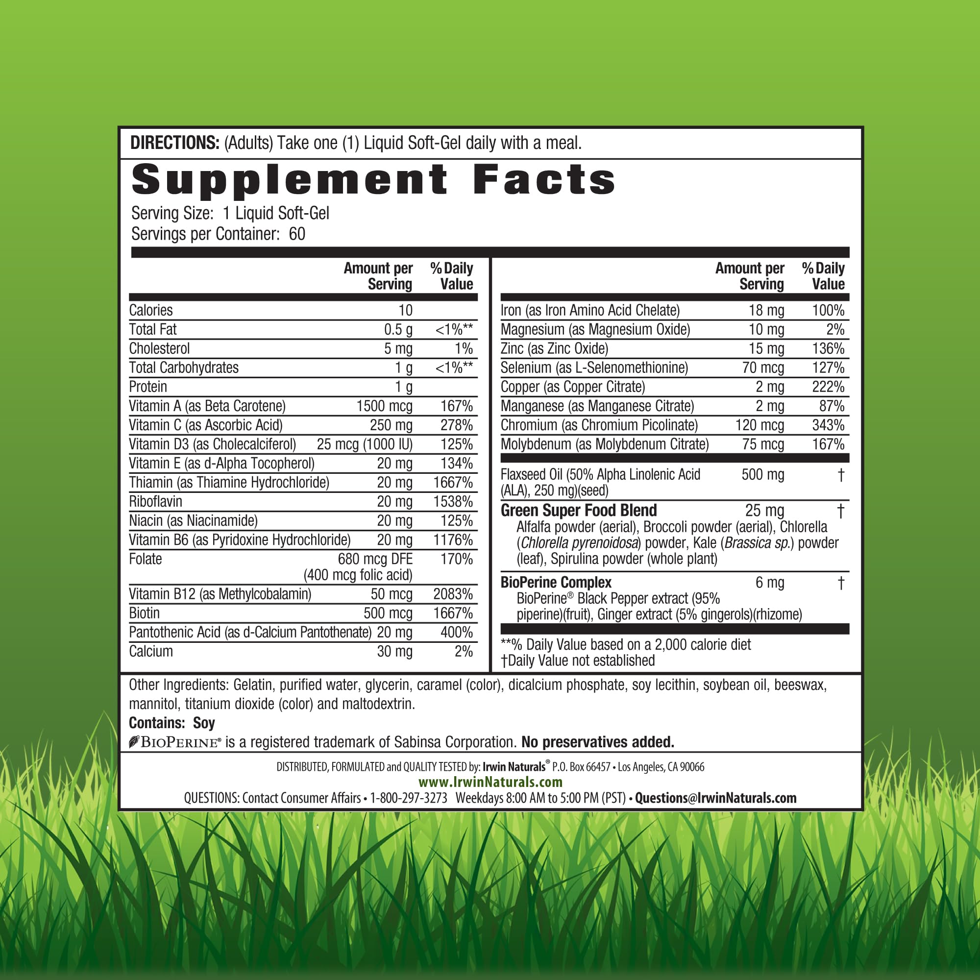 Irwin Naturals soft-gels close-up, iron-rich formula with vitamin C to aid absorption
