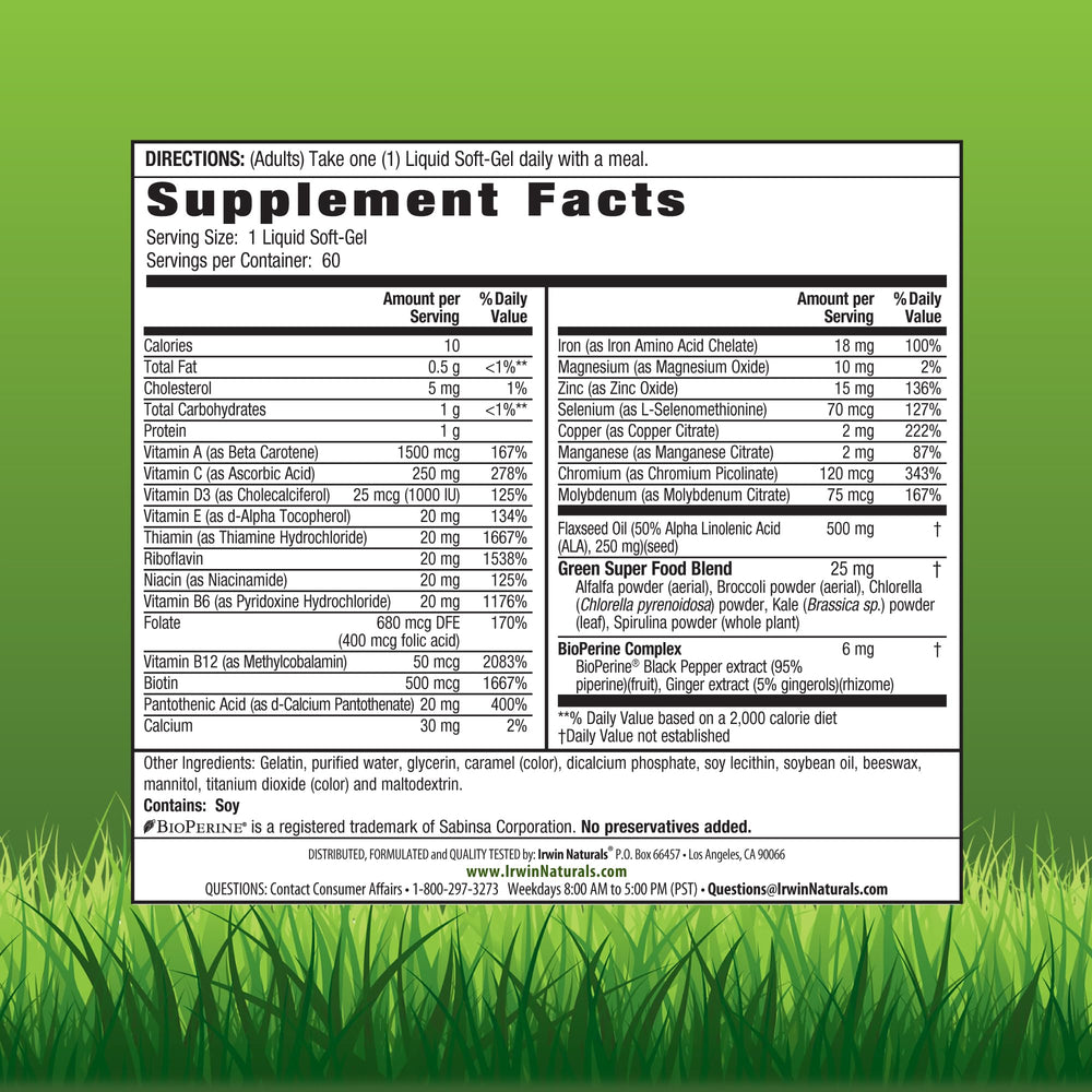 Irwin Naturals soft-gels close-up, iron-rich formula with vitamin C to aid absorption