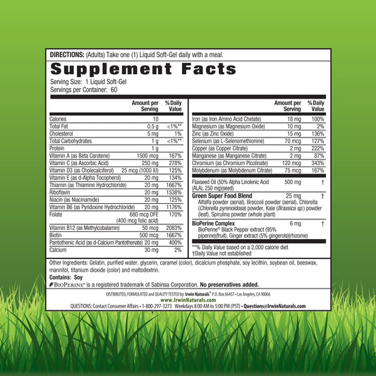 Irwin Naturals soft-gels close-up, iron-rich formula with vitamin C to aid absorption