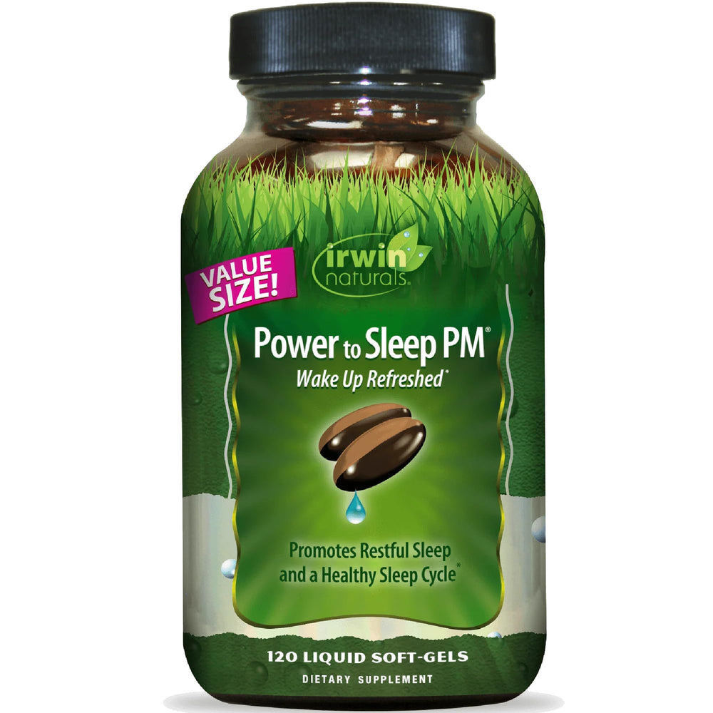 Irwin Naturals Power to Sleep PM soft-gel bottle for restful nights