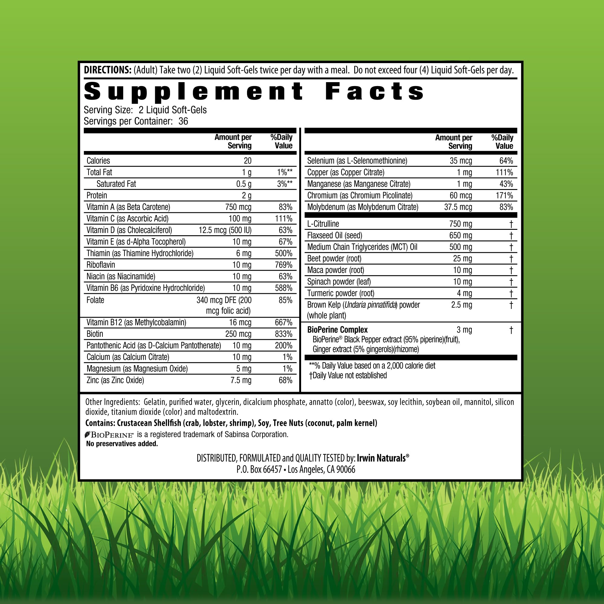 Irwin Naturals Quick Energy RED bottle back with nutrition facts and usage guidance.
