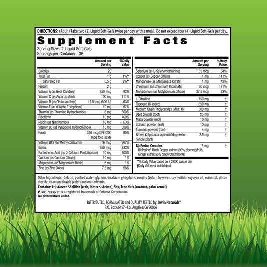 Irwin Naturals Quick Energy RED bottle back with nutrition facts and usage guidance.