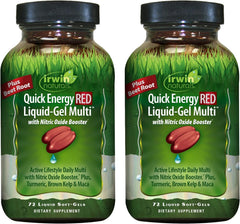 Irwin Naturals Quick Energy RED bottle front shows the nutrient-dense daily multivitamin.