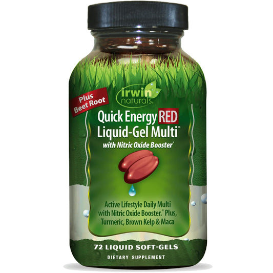 Irwin Naturals Quick Energy RED bottle label highlights daily vitality and nitric oxide support.