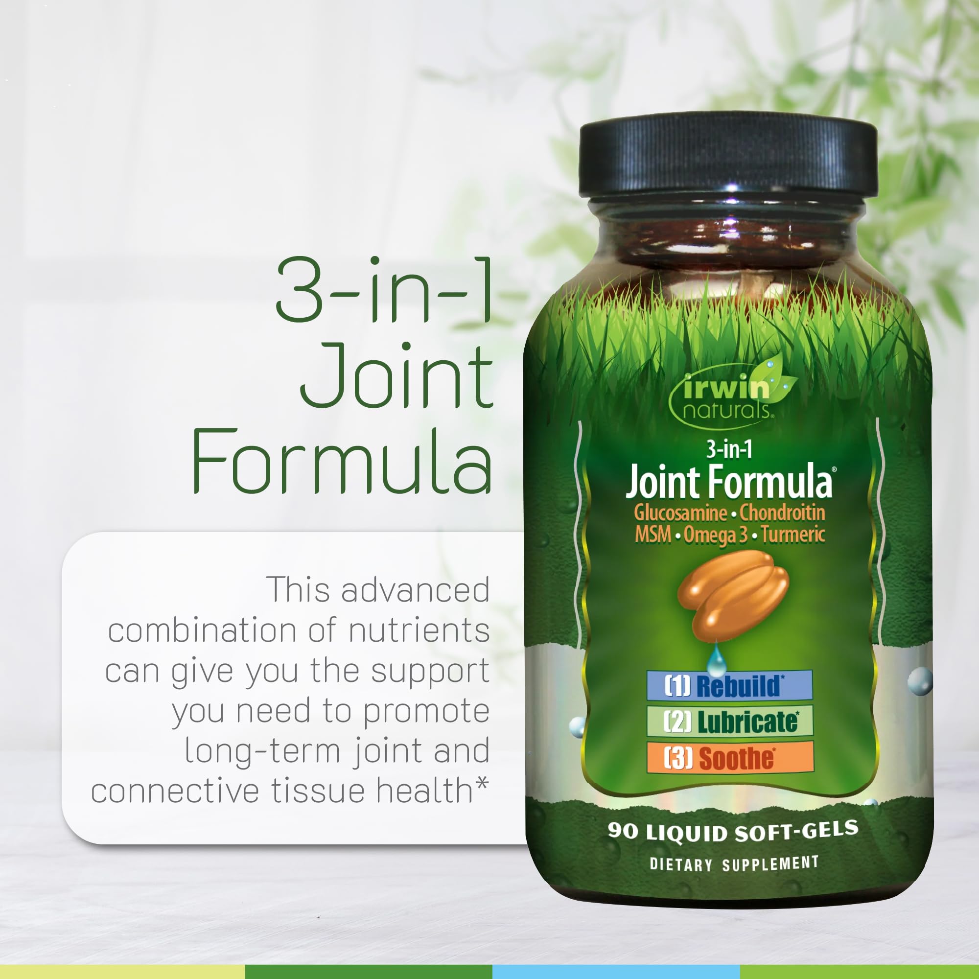Irwin Naturals soft gels pouring for convenient daily use.