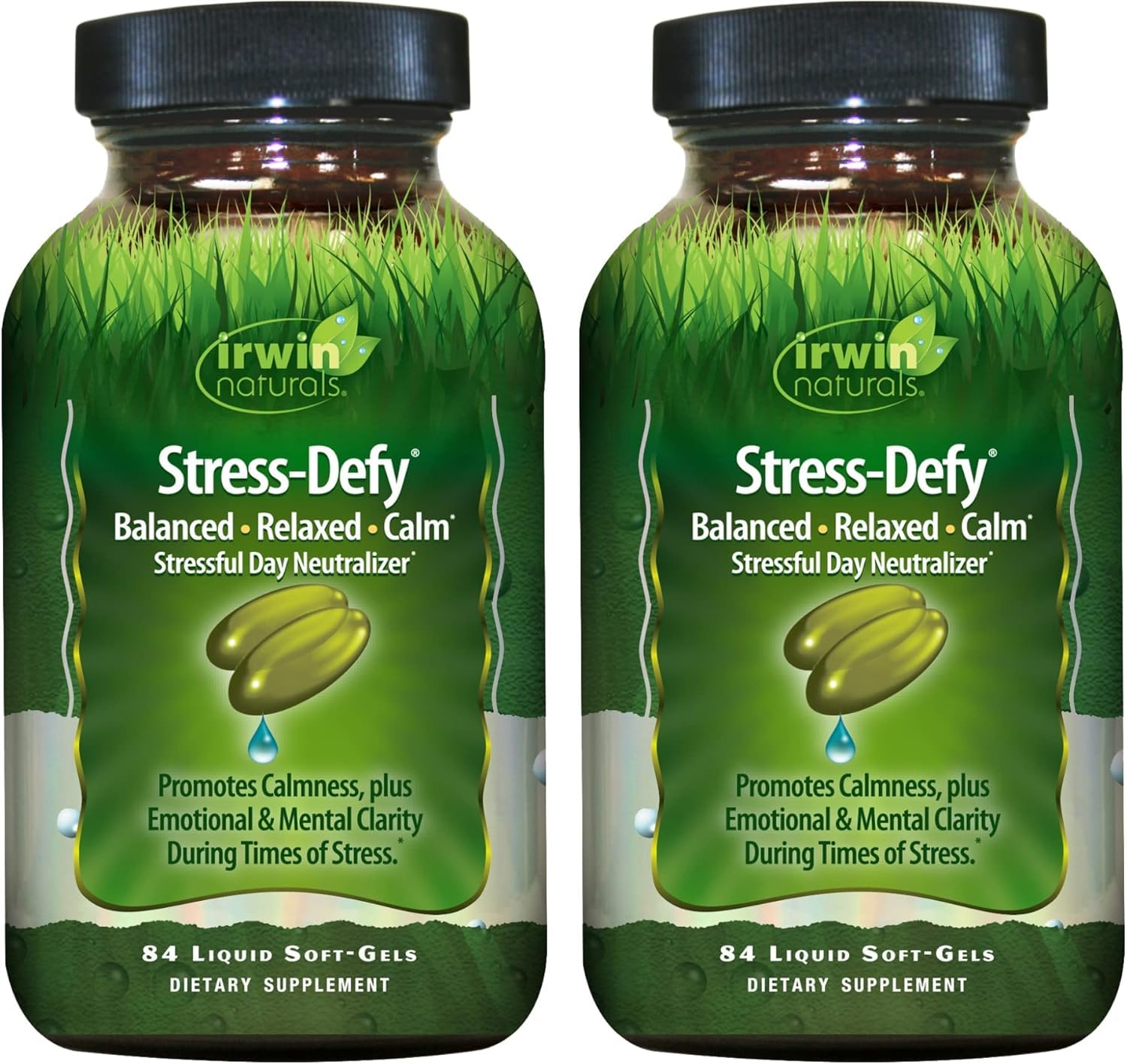 Irwin Naturals Stress-Defy bottle front view promotes calm and balance.