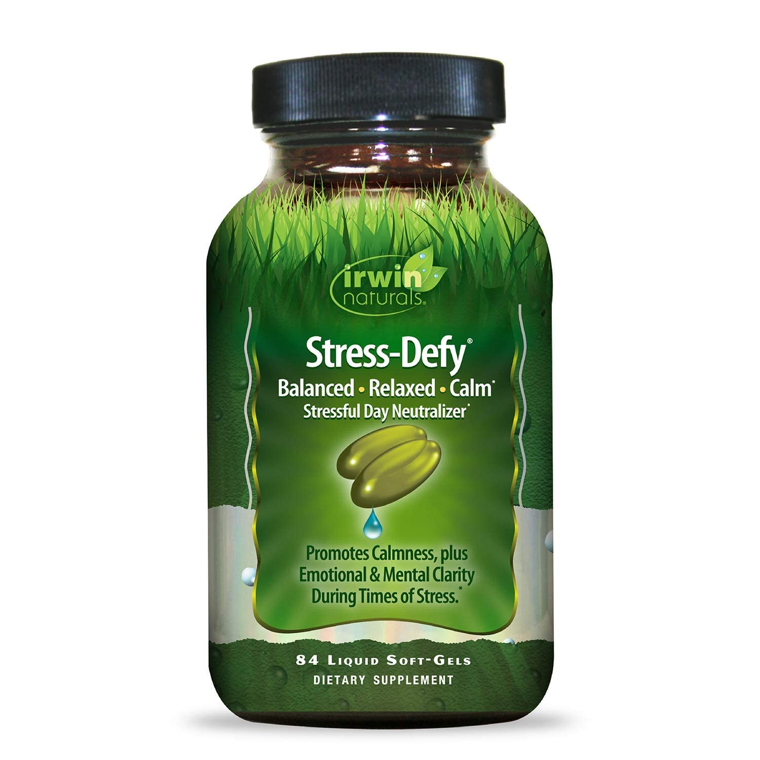 Irwin Naturals Stress-Defy bottle front promoting calm and balance.