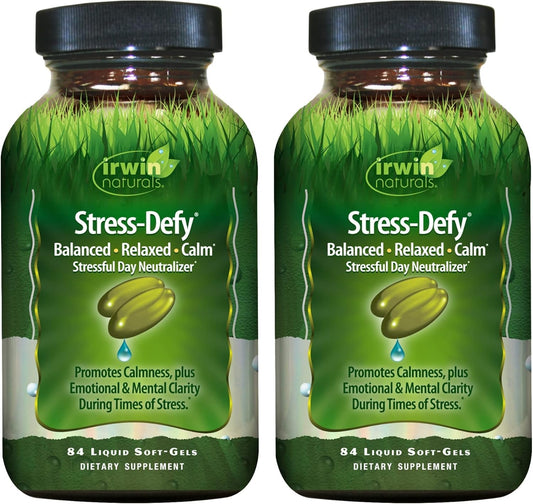 Irwin Naturals Stress-Defy bottle front view promotes calm and balance.