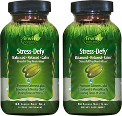 Irwin Naturals Stress-Defy bottle front view promotes calm and balance.