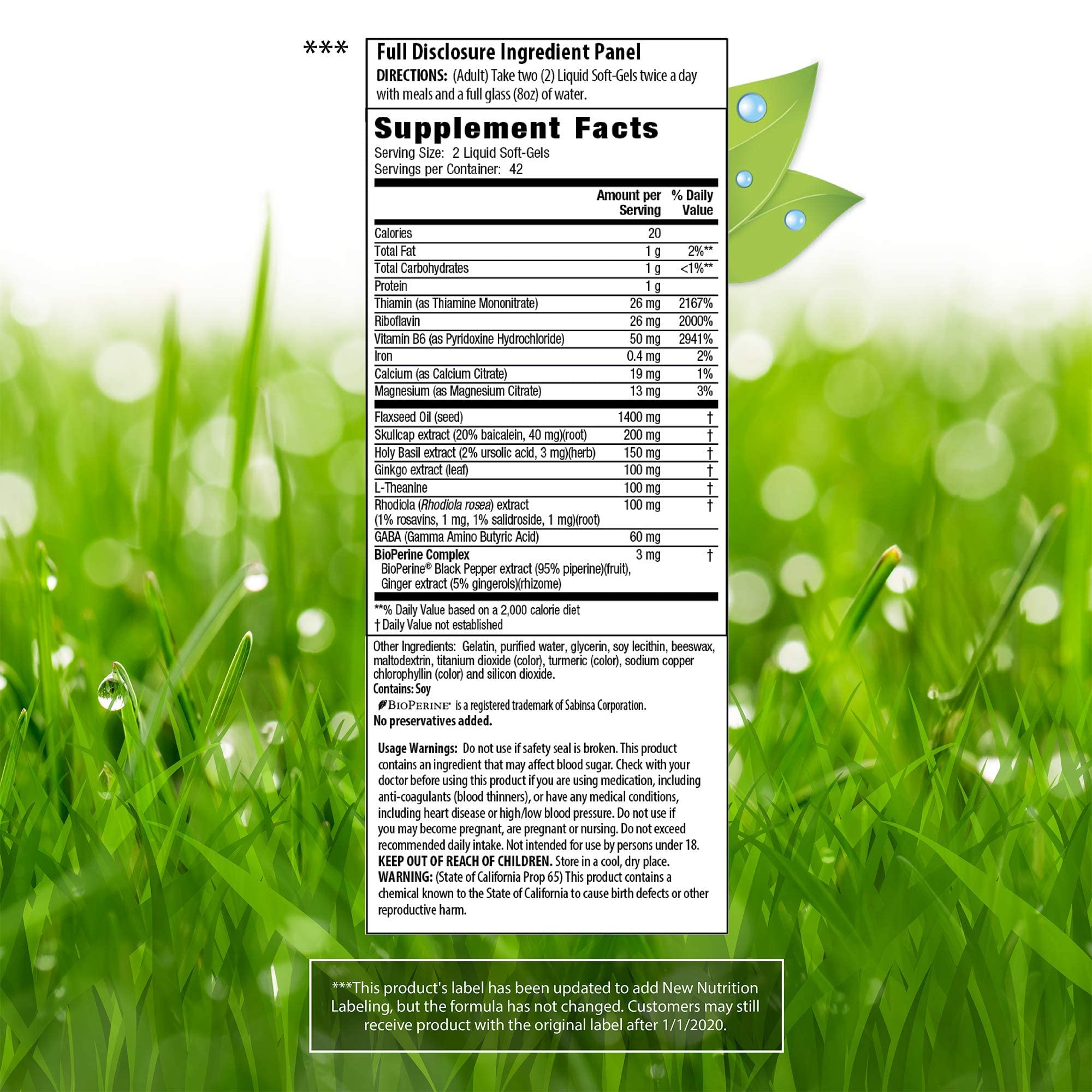 Irwin Naturals Stress-Defy label close-up showing key botanicals for relaxation.