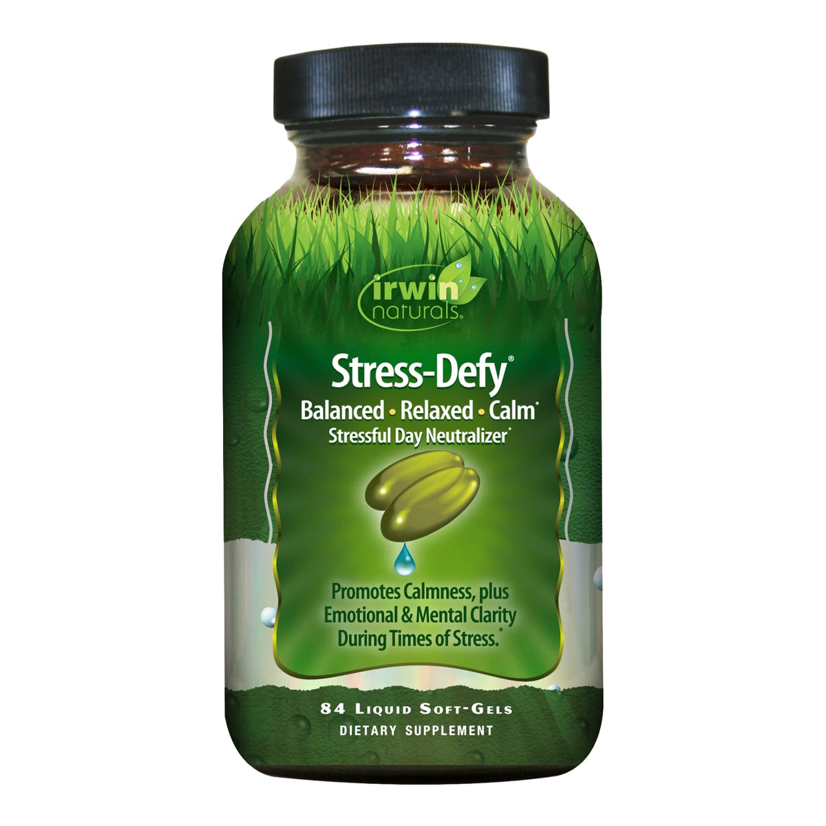 Irwin Naturals Stress-Defy bottle with capsules ready for daily use.