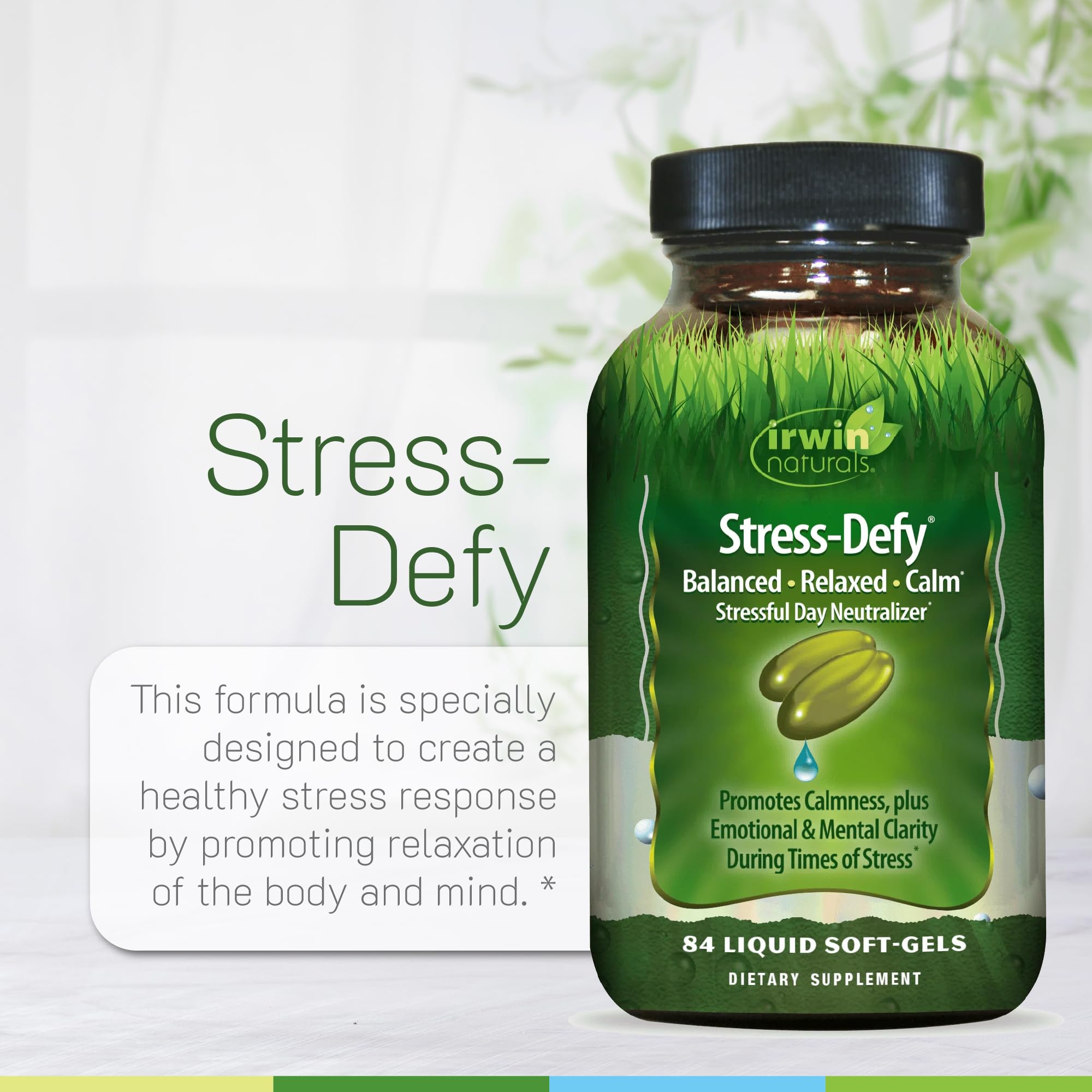 Irwin Naturals Stress-Defy setup with vitamins supports mood.
