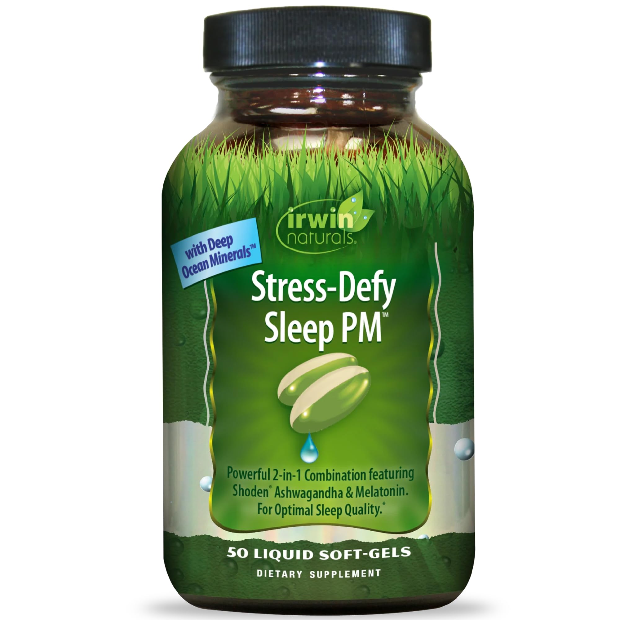 Irwin Naturals Stress-Defy Sleep PM bottle on nightstand promotes relaxed evenings.