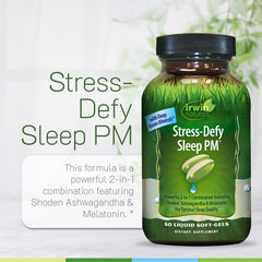 Irwin Naturals Stress-Defy Sleep PM dispensing softgels demonstrates easy nightly dosing.