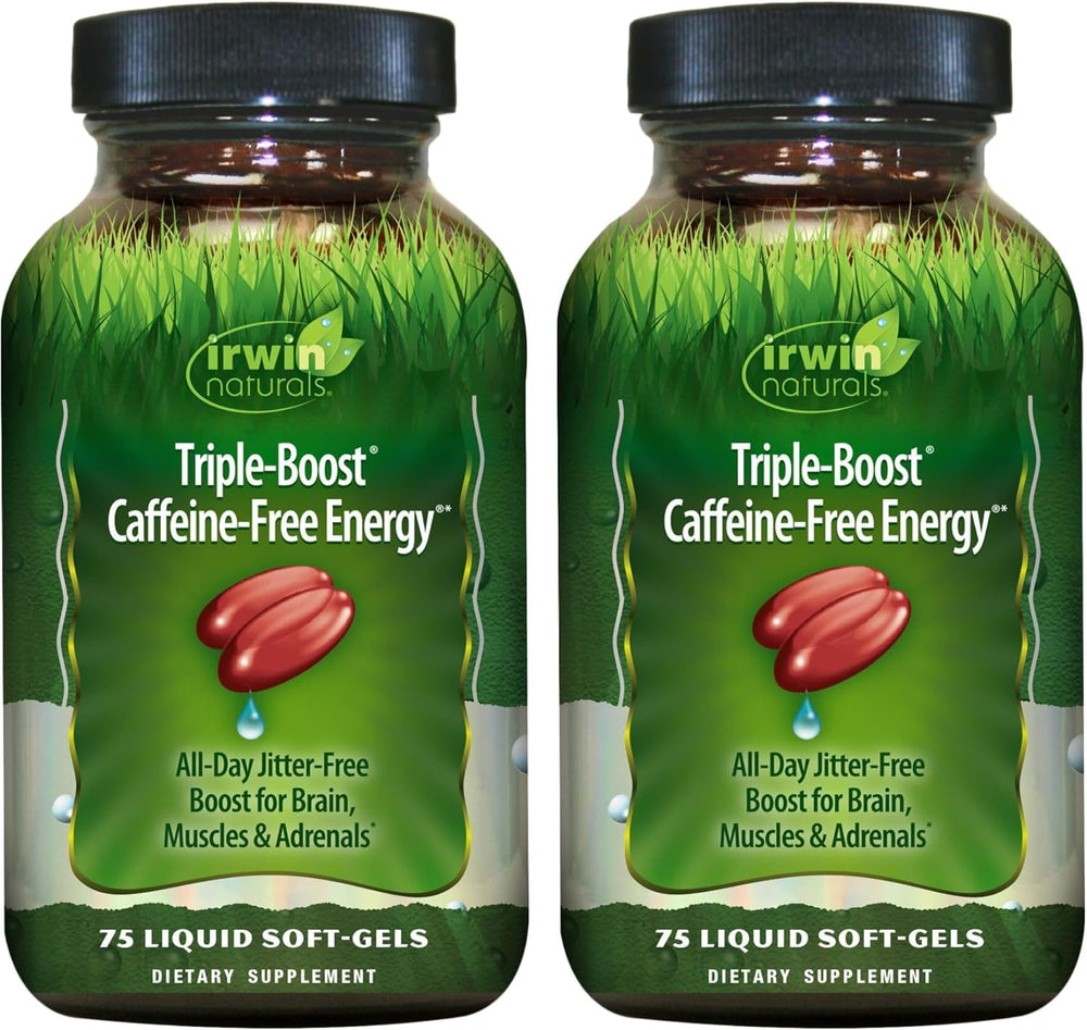 Irwin Naturals Triple Boost energy bottle on shelf for all-day energy.