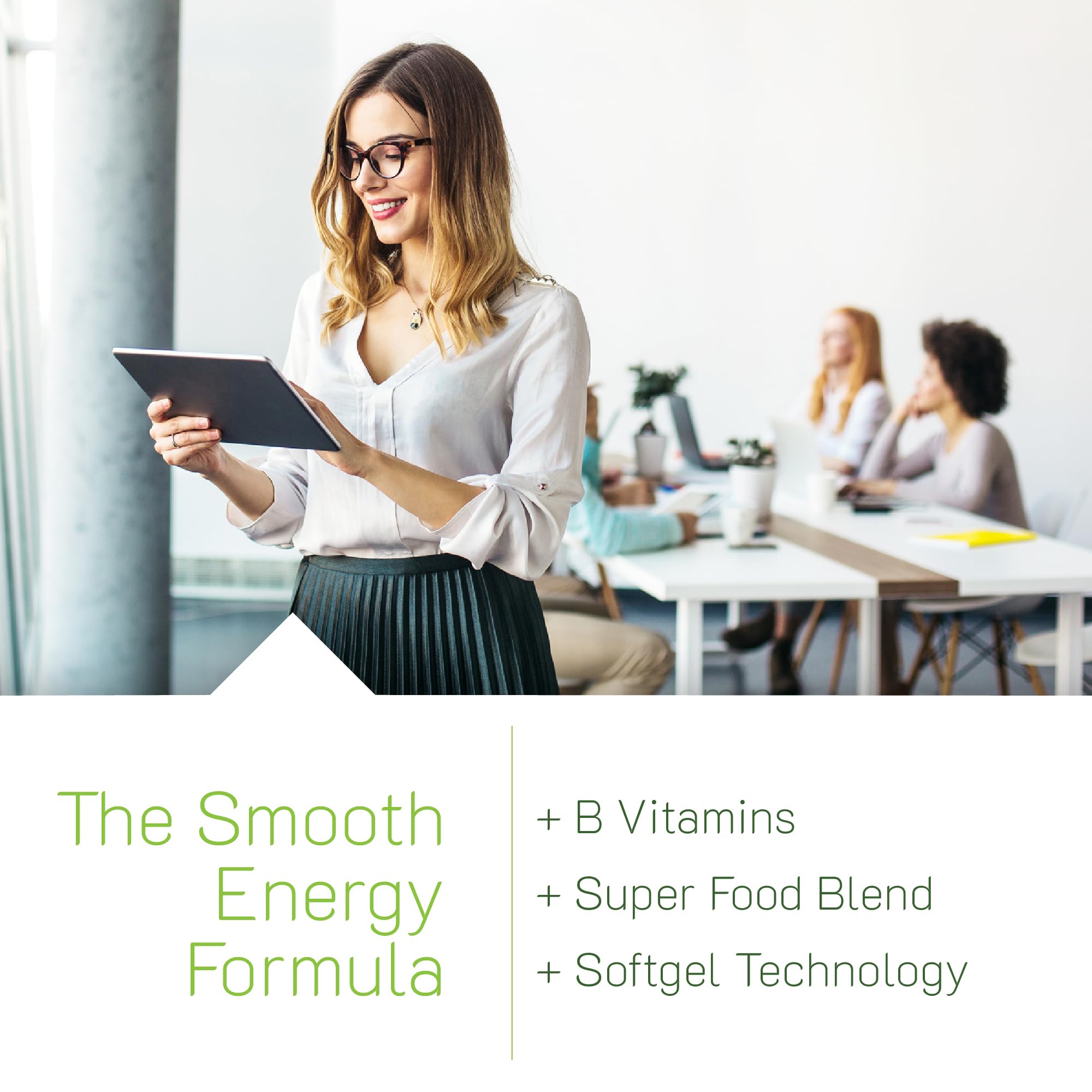 Maca, Spirulina, Bee Pollen, and Royal Jelly blend shown as superfoods iconography.