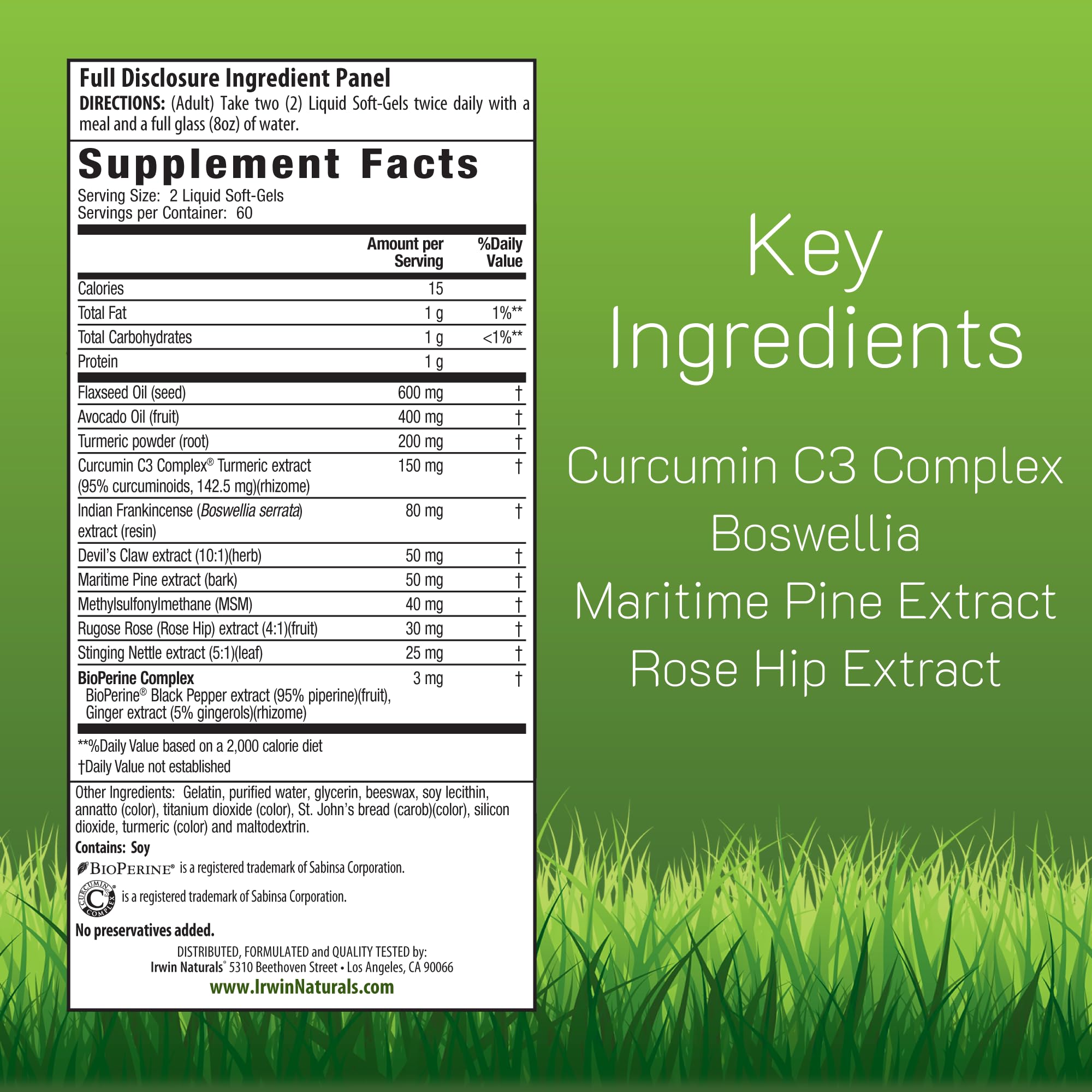 Close-up of Irwin Naturals turmeric label featuring curcumin C3 Complex benefits