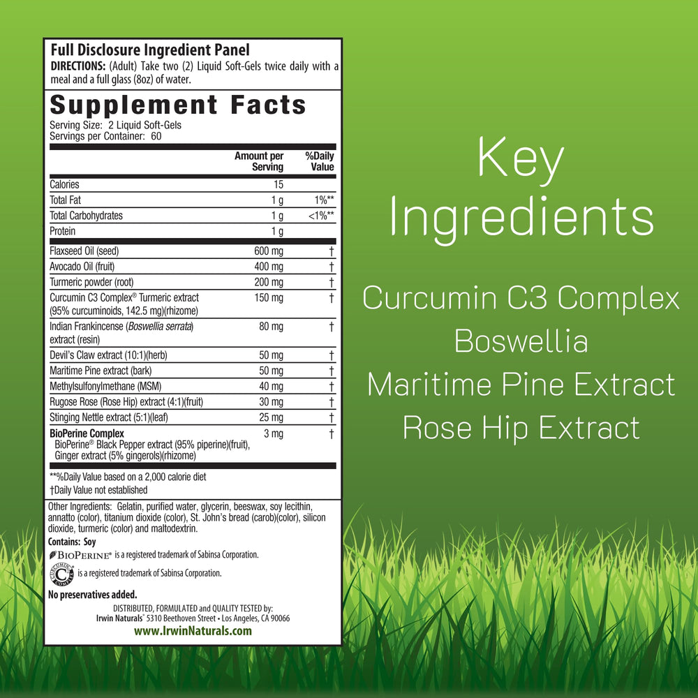 Close-up of Irwin Naturals turmeric label featuring curcumin C3 Complex benefits
