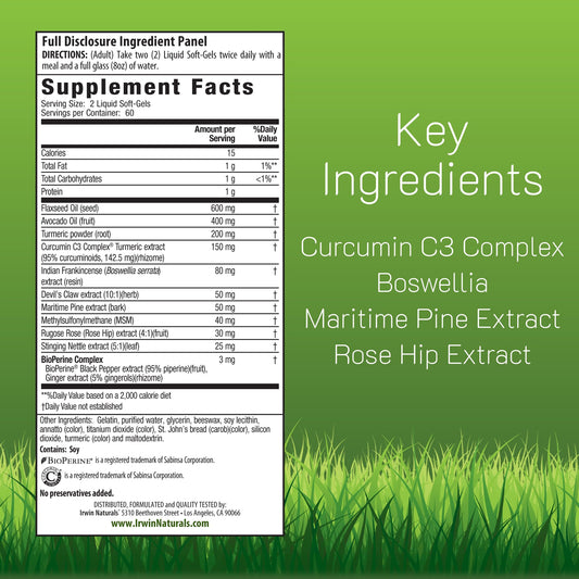 Close-up of Irwin Naturals turmeric label featuring curcumin C3 Complex benefits