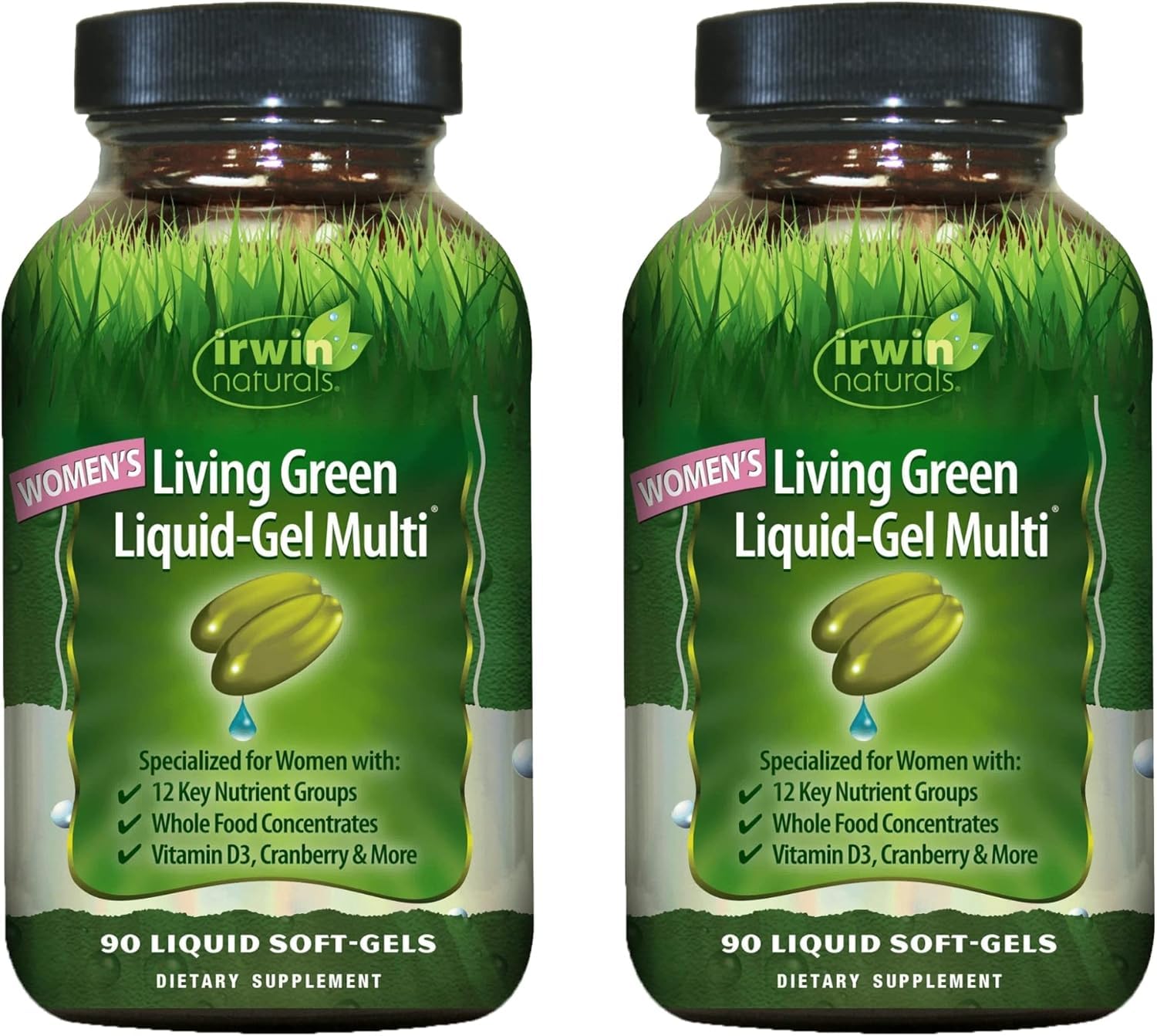 Irwin Naturals Women's Living Green Liquid-Gel Multi bottle showing 70 nutrients for daily wellness