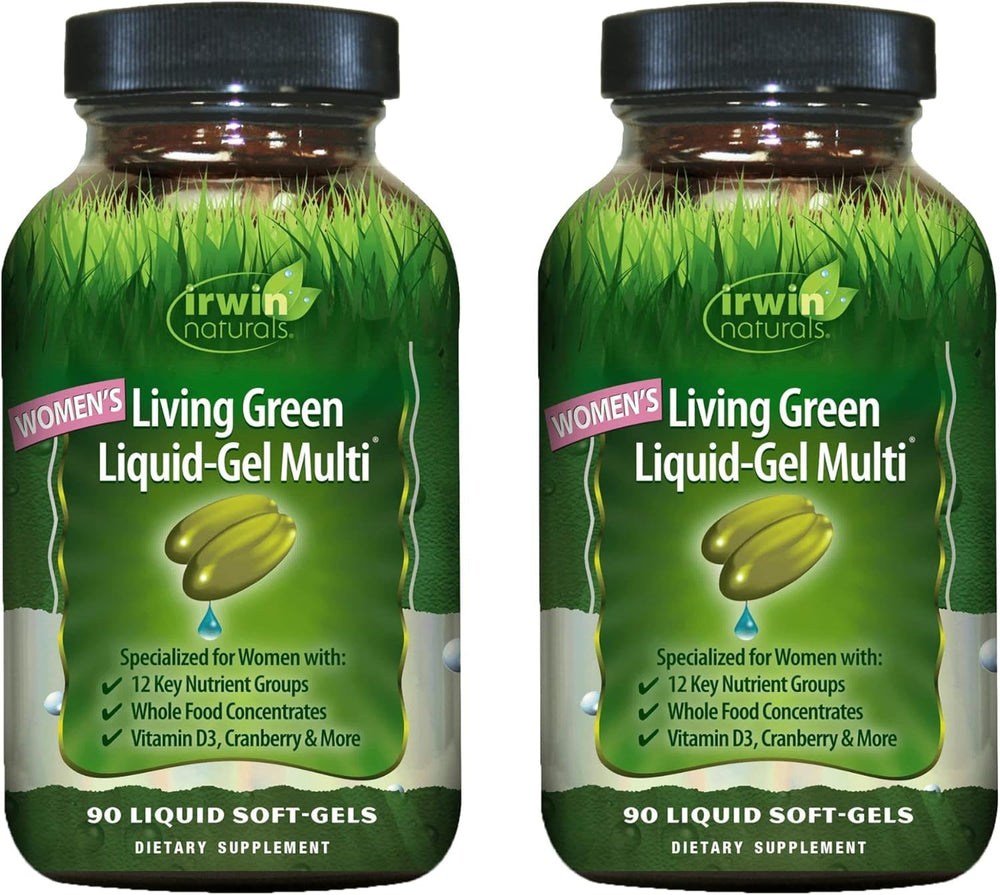 Irwin Naturals Women's Living Green Liquid-Gel Multi bottle showing 70 nutrients for daily wellness