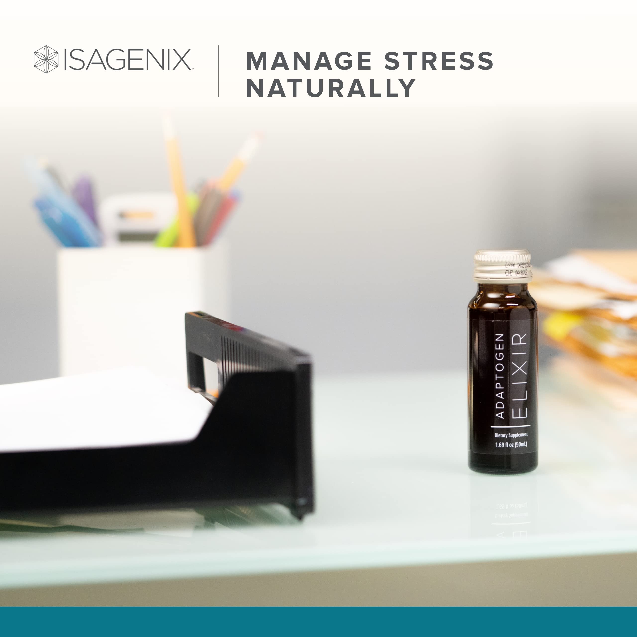 Isagenix Adaptogen Elixir glass-bottle presents premium packaging and easy dosing
