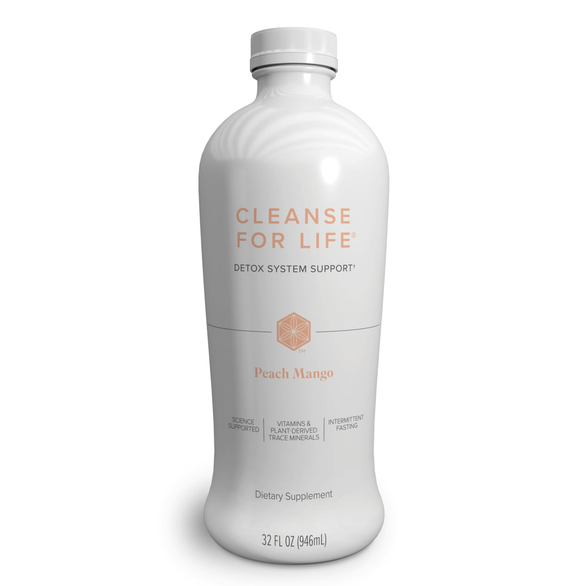 Isagenix Cleanse for Life peach mango bottle ready for daily cleanse routine.