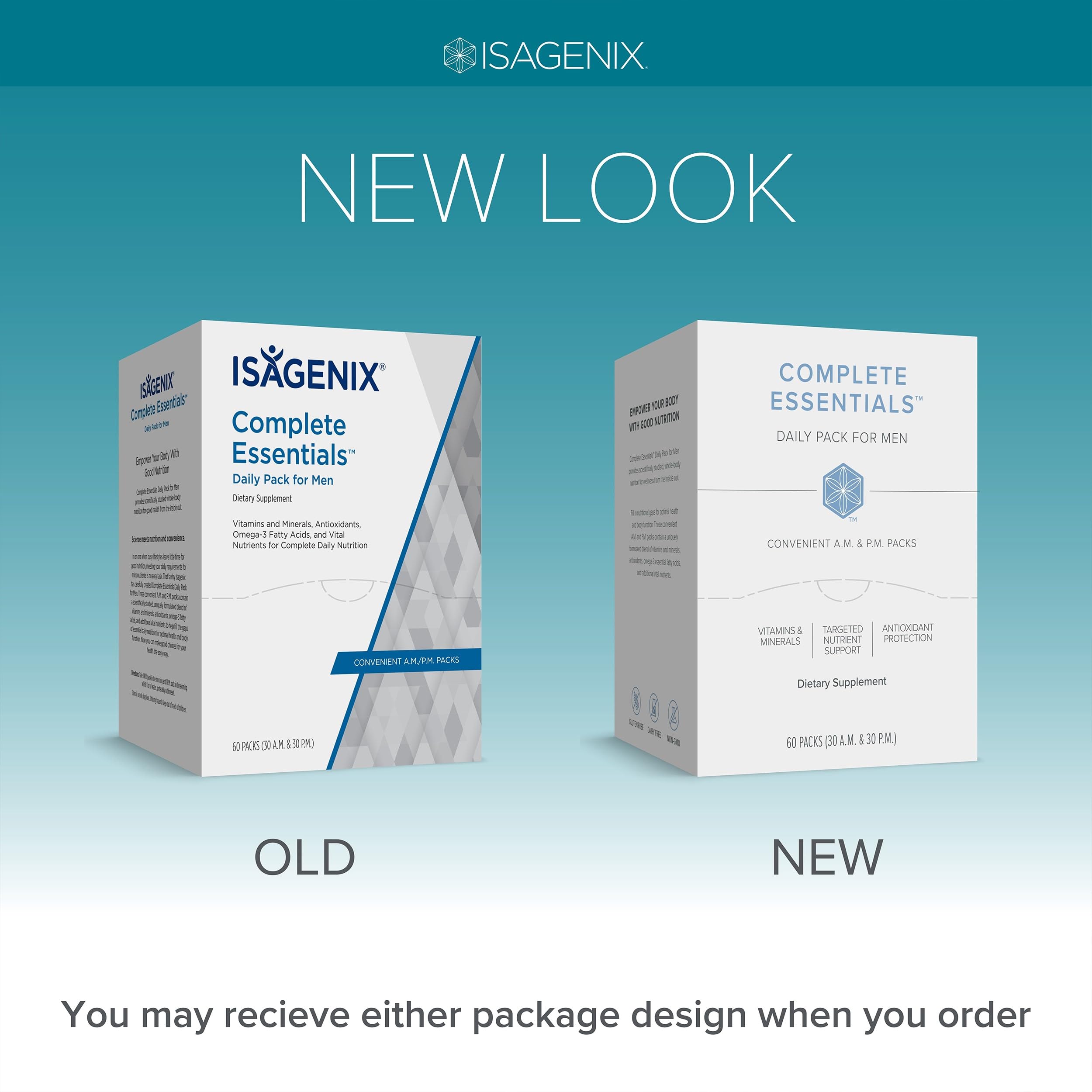 Isagenix Complete Essentials daily pack for men, box view, antioxidant support for oxidative balance.