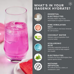 Isagenix Hydrate HA pink liquid highlighting skin hydration benefits