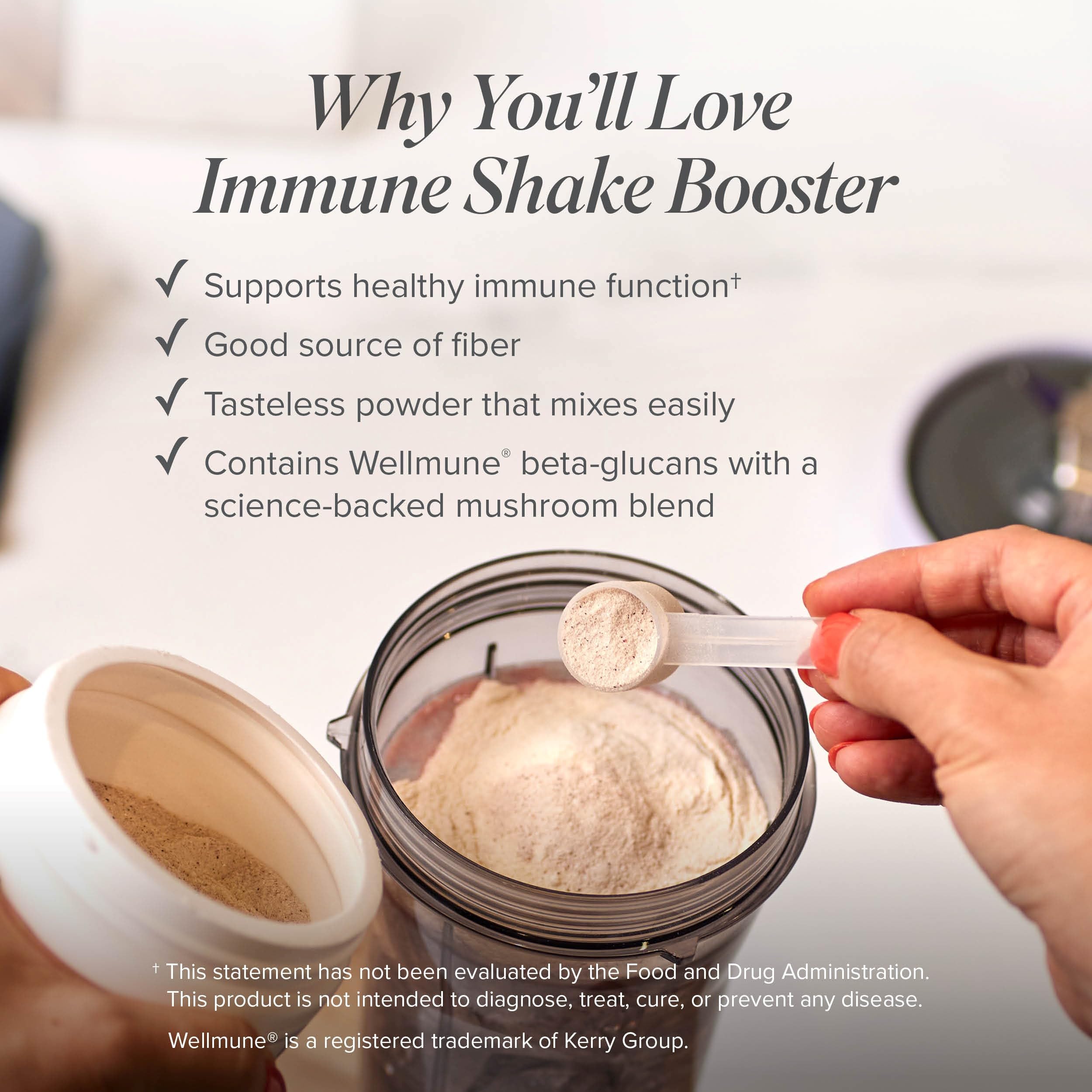 Isagenix Immune Shake Booster ingredients close-up highlighting Wellmune beta-glucans and mushroom blend.