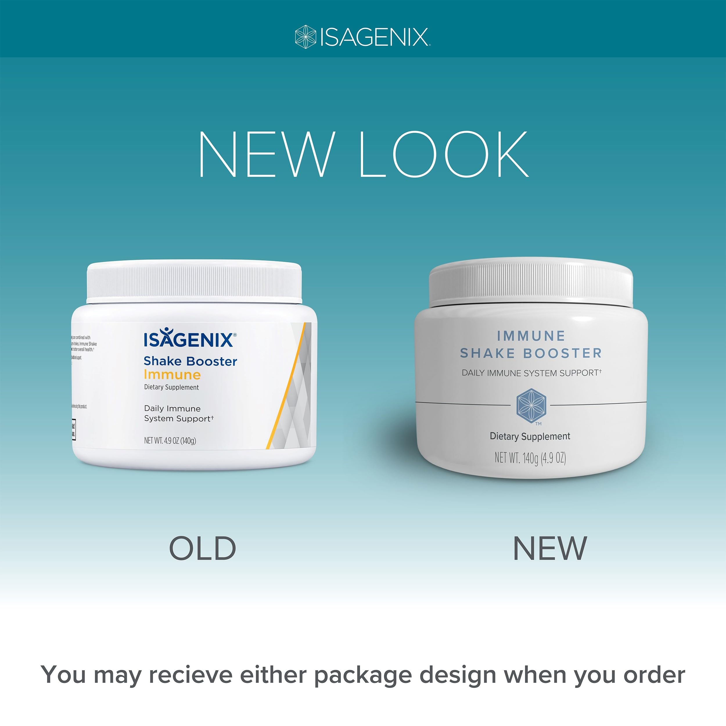 Isagenix Immune Shake Booster powder jar close-up emphasizing natural ingredients and no artificial additives.