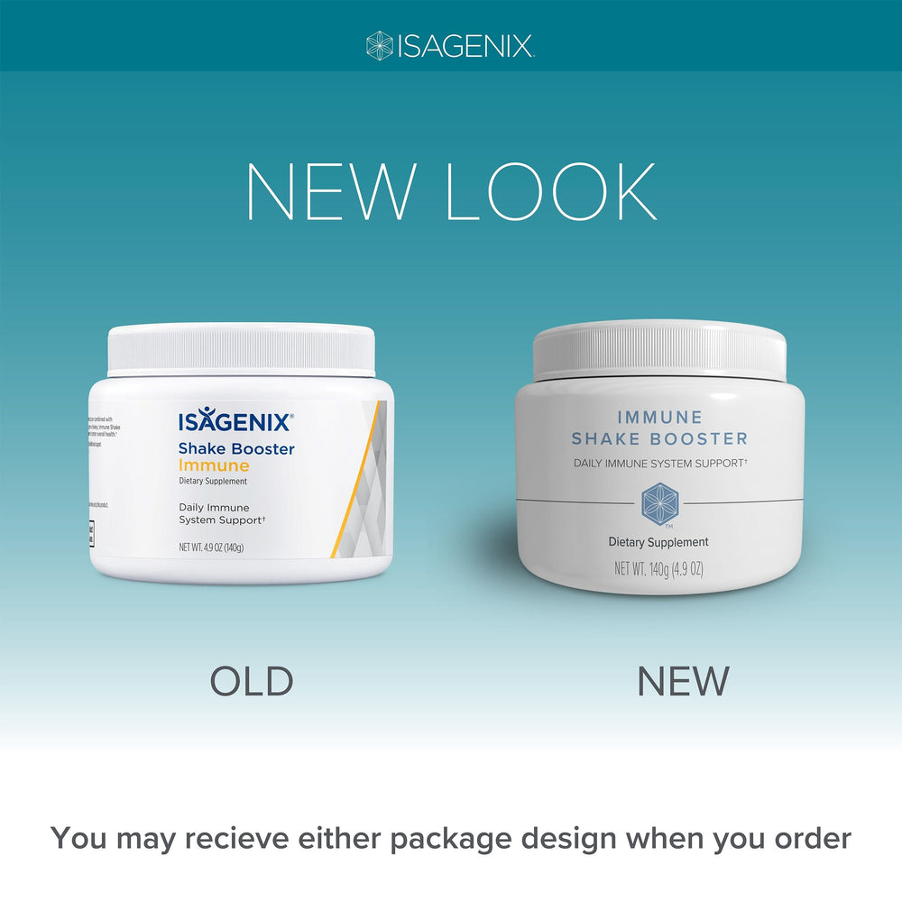 Isagenix Immune Shake Booster powder jar close-up emphasizing natural ingredients and no artificial additives.
