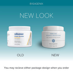 Isagenix Immune Shake Booster powder jar close-up emphasizing natural ingredients and no artificial additives.
