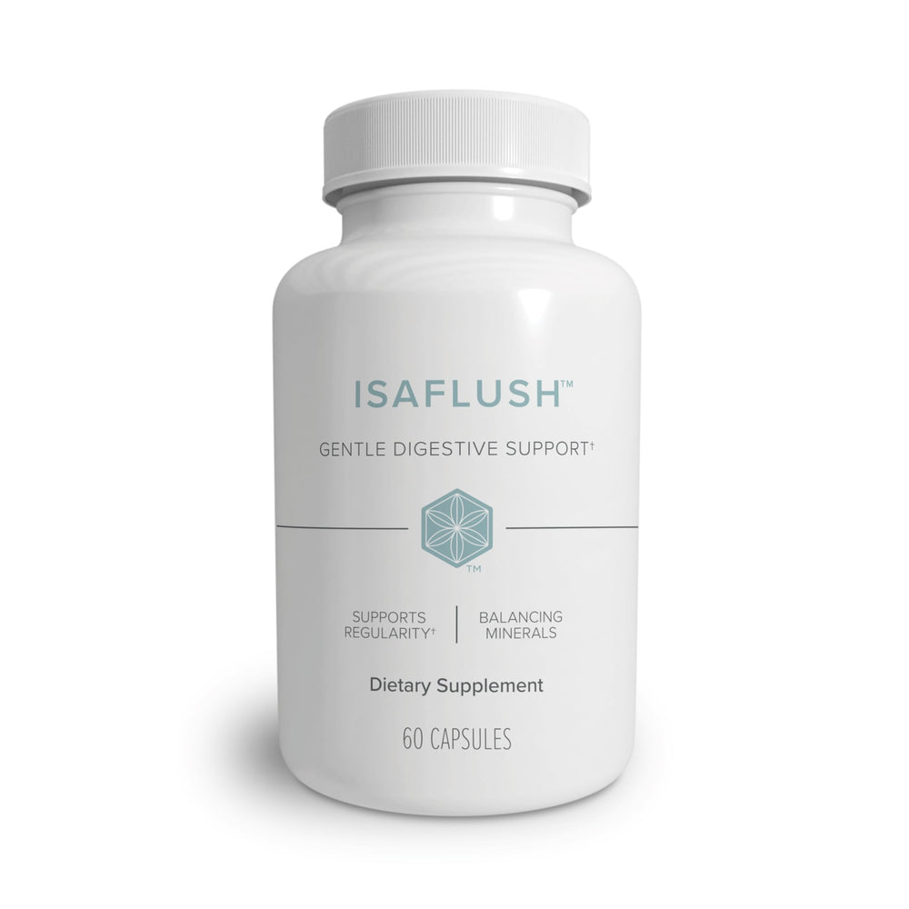 Isagenix IsaFlush bottle label shows gentle digestive support and daily wellness.