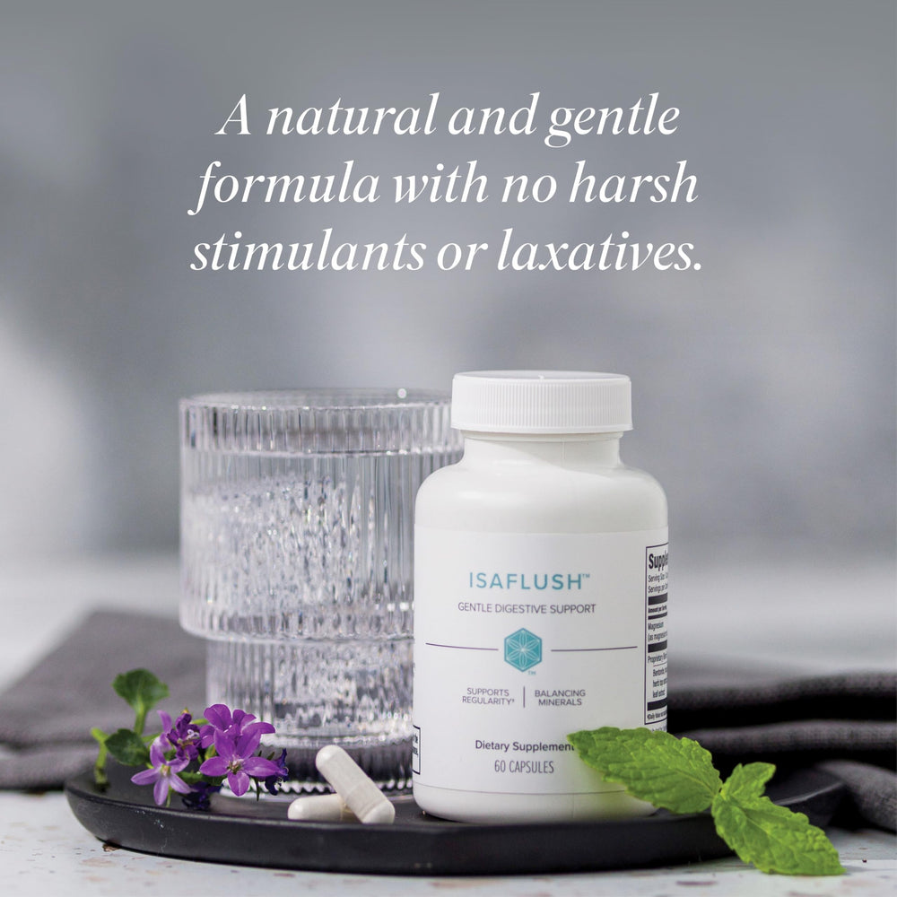 Isagenix IsaFlush bottle on dresser evokes bedtime routine for gut comfort.