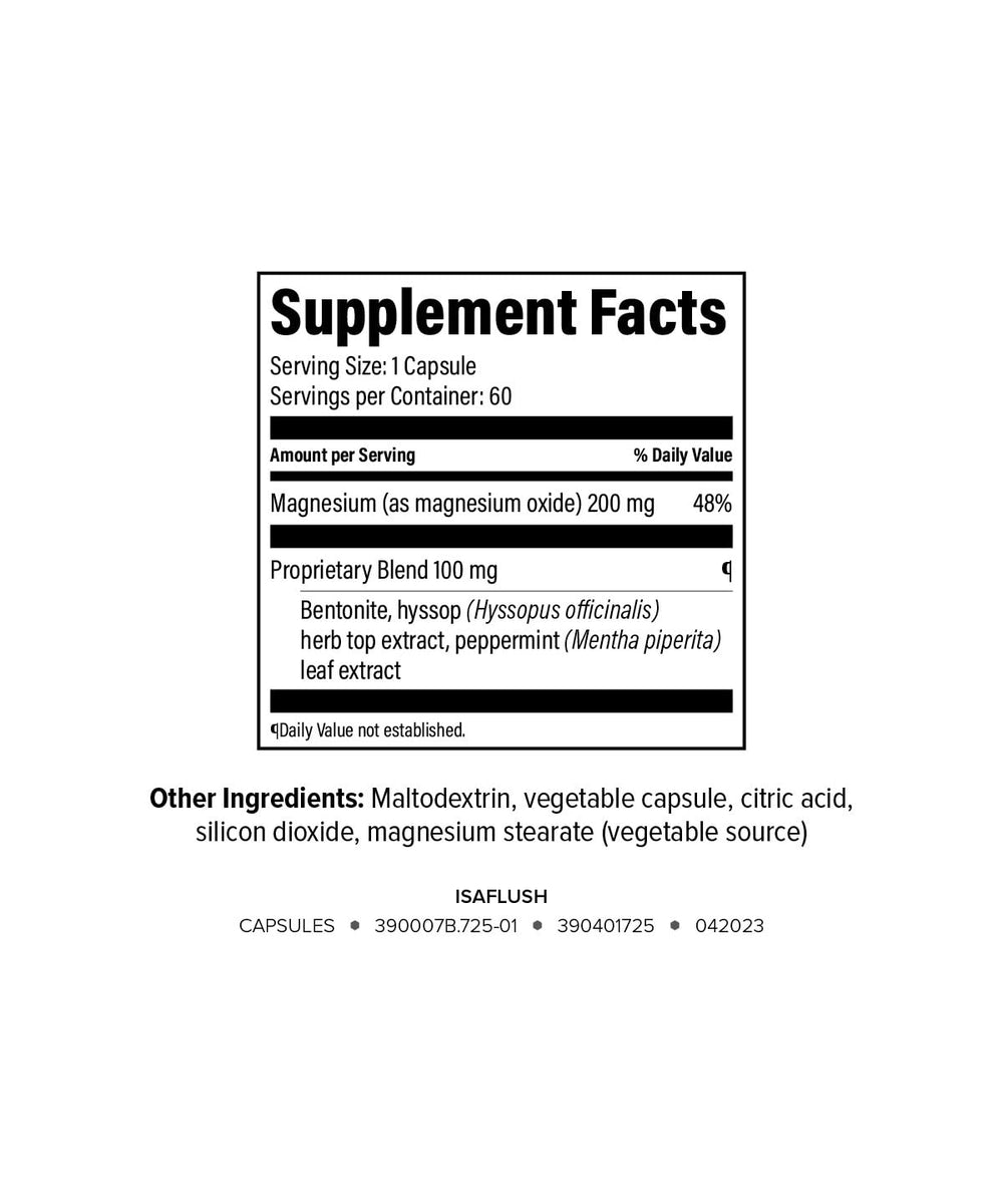 Isagenix IsaFlush capsules close-up highlights minerals aiding normal elimination.