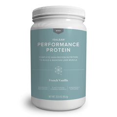 Isagenix IsaLean canister front view highlighting protein-rich meal replacement.