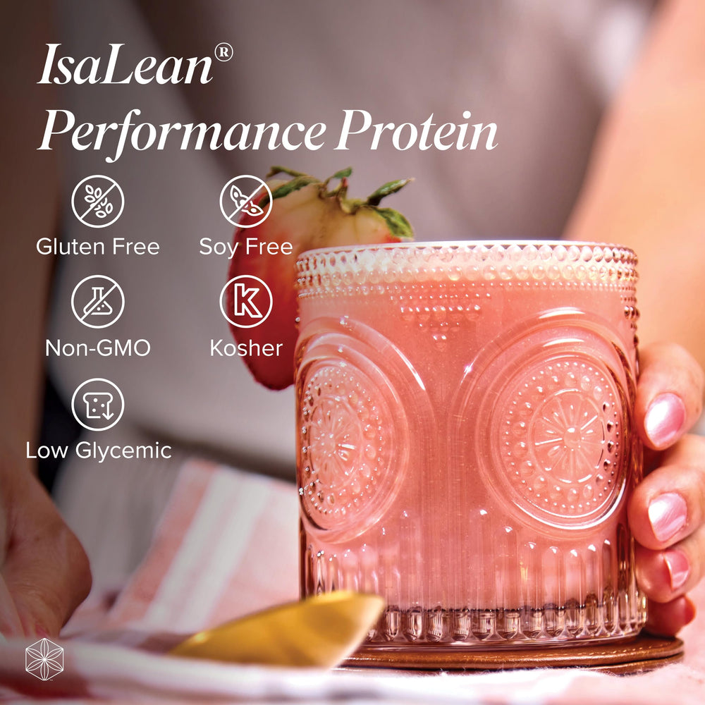 Isagenix IsaLean Shake ingredients visual with plant-based vitamins for nutrient-dense support.