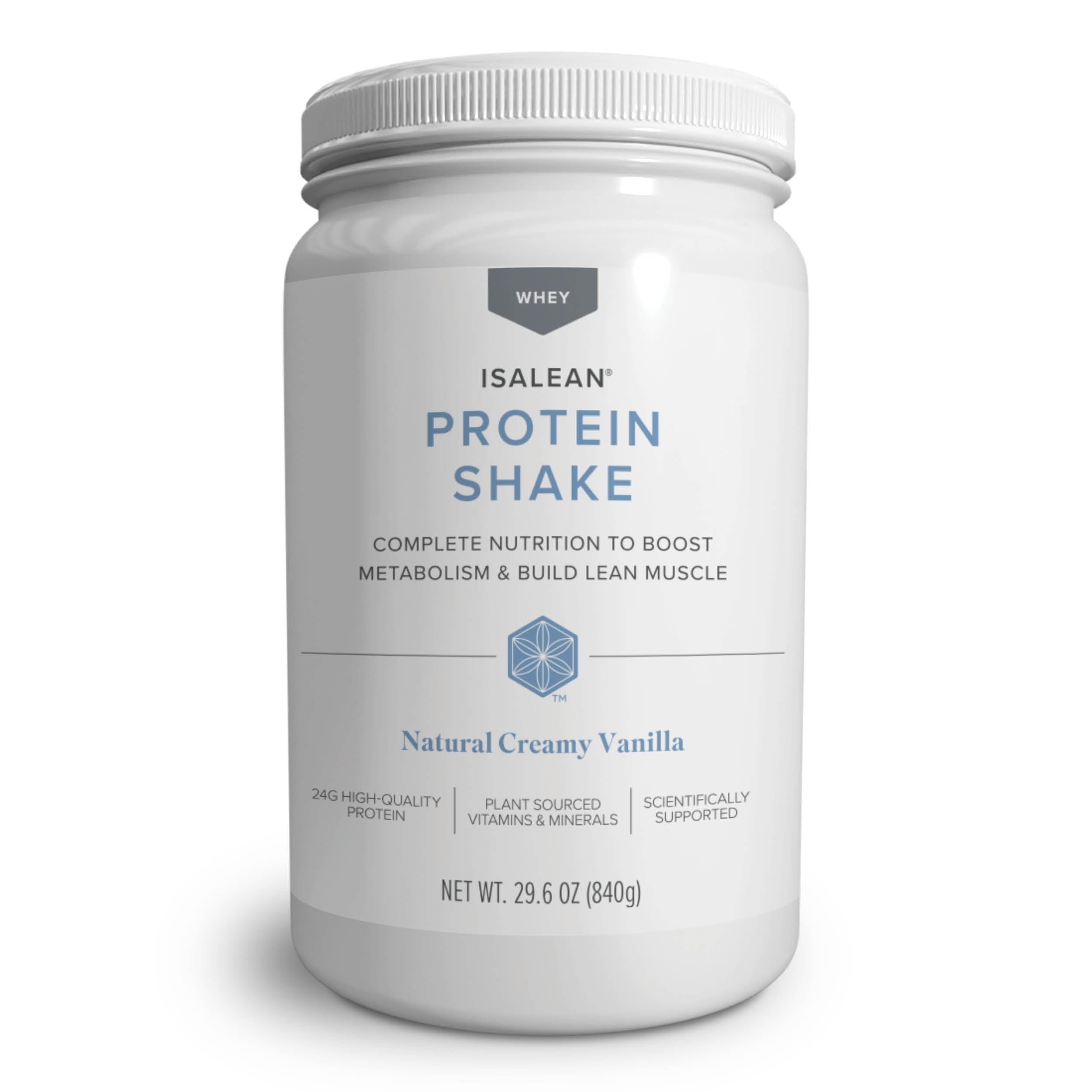 Isagenix IsaLean Protein Shake creamy vanilla canister showcasing complete nutrition for balanced meals.