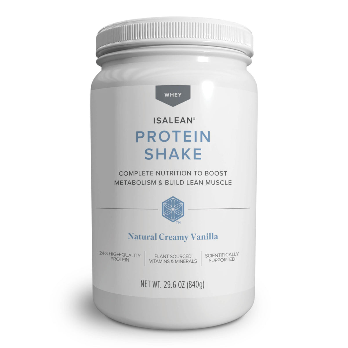 Isagenix IsaLean Protein Shake creamy vanilla canister showcasing complete nutrition for balanced meals.