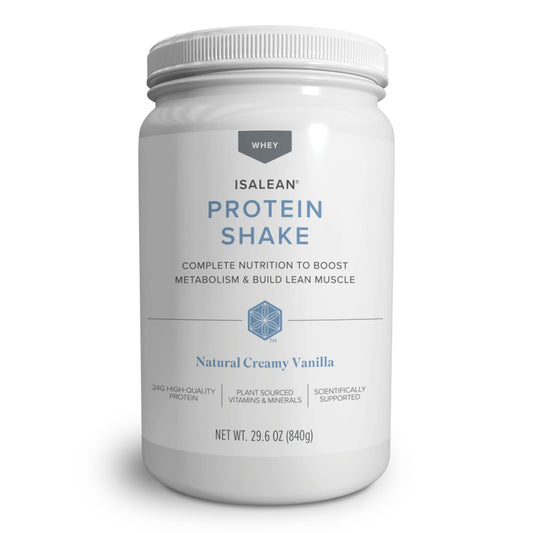 Isagenix IsaLean Protein Shake creamy vanilla canister showcasing complete nutrition for balanced meals.