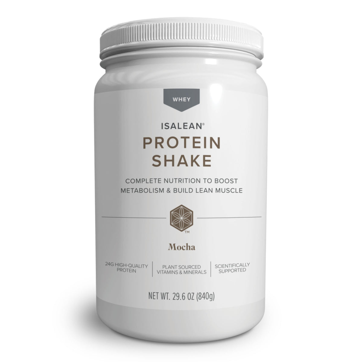 Isagenix IsaLean Protein Shake front view mocha canister for quick meal replacement