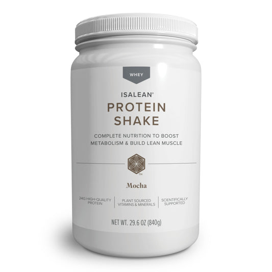 Isagenix IsaLean Protein Shake front view mocha canister for quick meal replacement