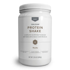 Isagenix IsaLean Protein Shake front view mocha canister for quick meal replacement