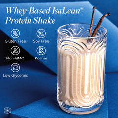 Isagenix IsaLean Protein Shake ingredients panel highlighting soy-free, gluten-free, non-GMO composition.