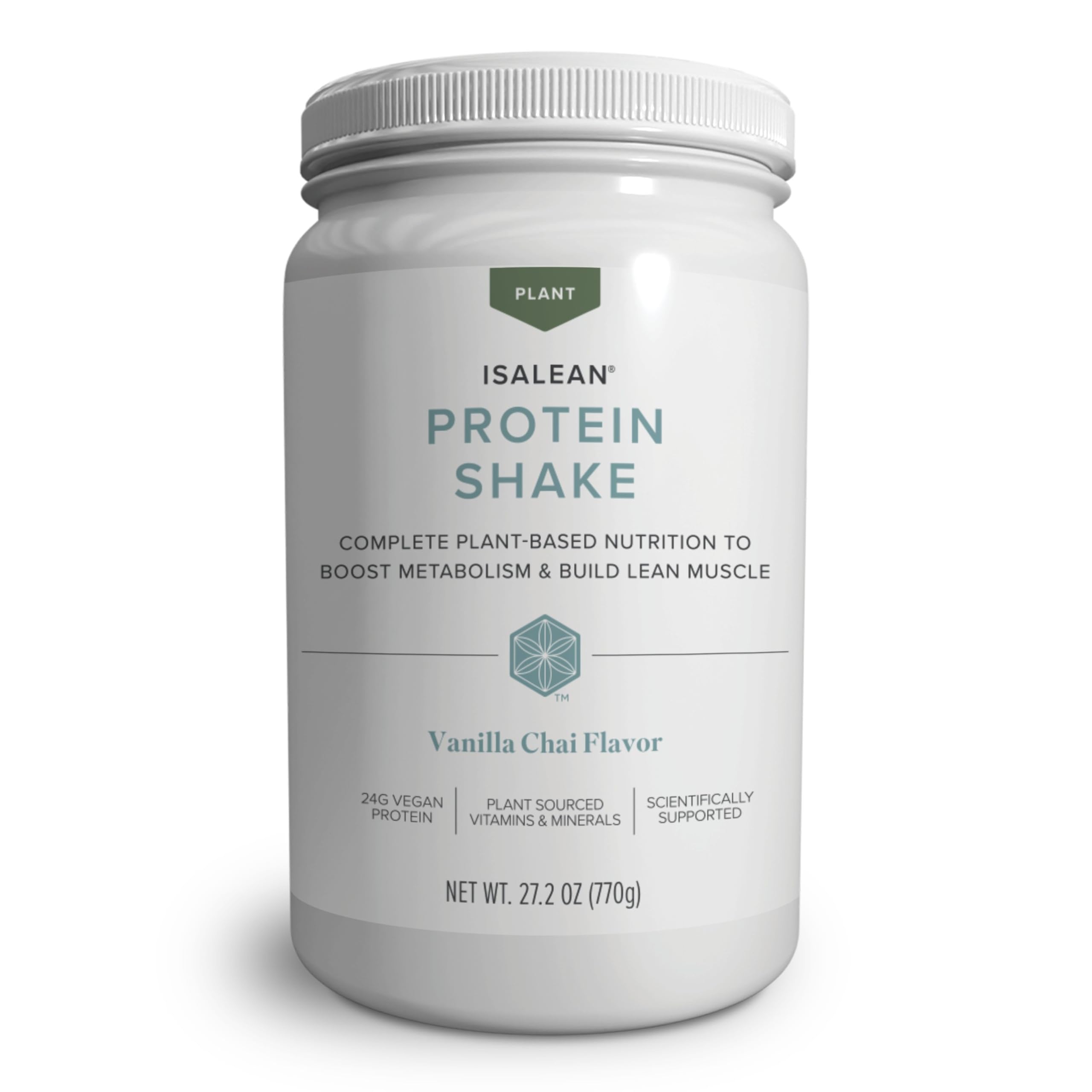 Isagenix IsaLean Plant-Based Protein Shake bottle in Vanilla Chai, highlighting plant protein.